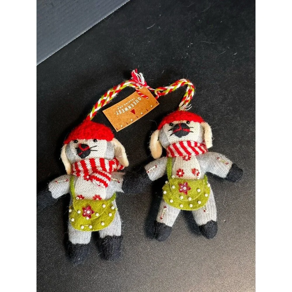 Set of 2 Queenwest Knit Felt Beaded Mouse Mice Christmas Ornaments‎ NWT Kohl’s